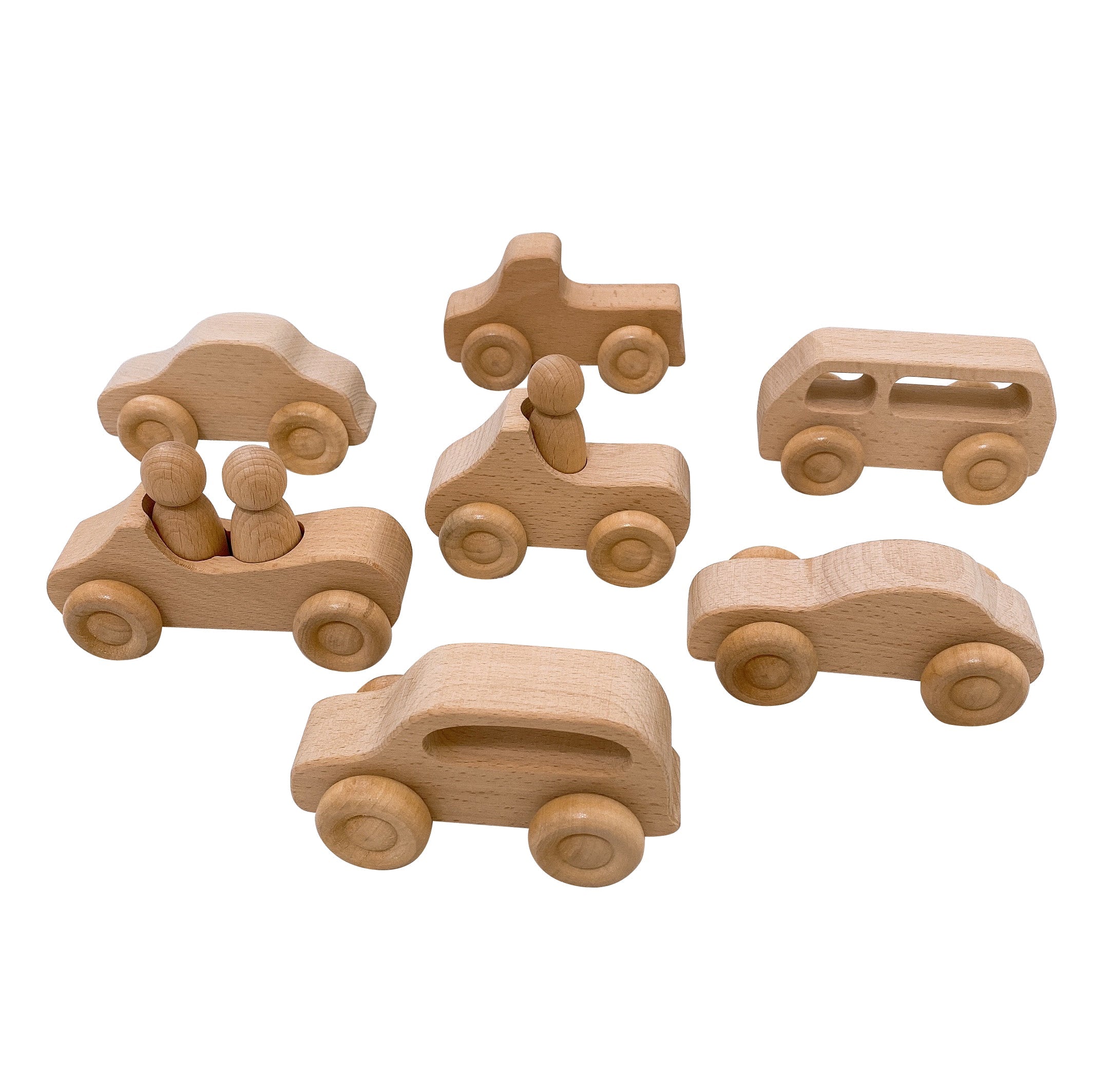 7 Pcs Natural Wooden Cars Set with 3 Peg Dolls