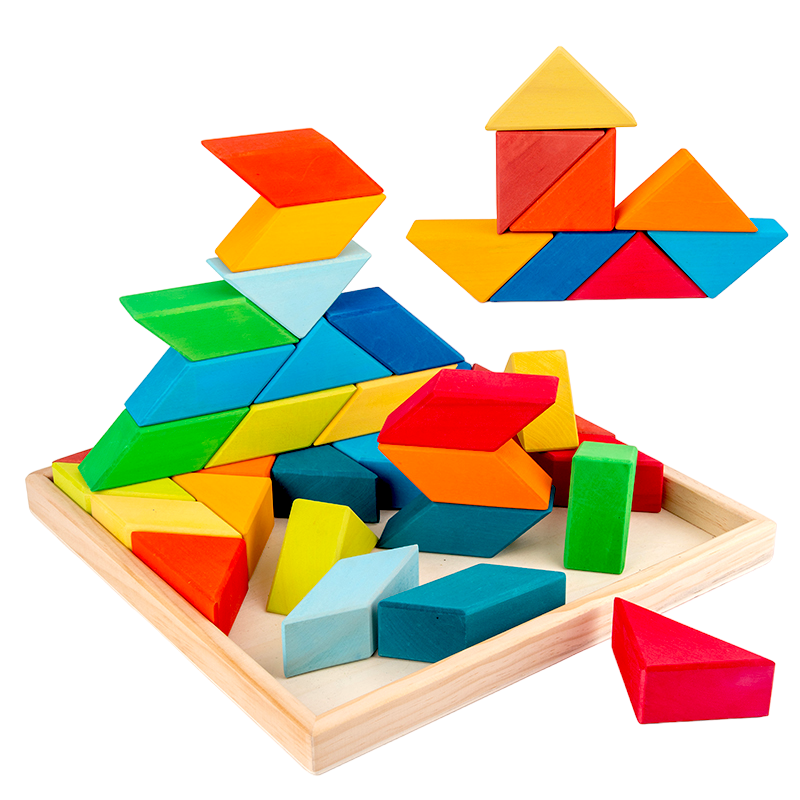 36-Piece Stained Large Rainbow Square Geometric Puzzle Block Set with Storage Tray