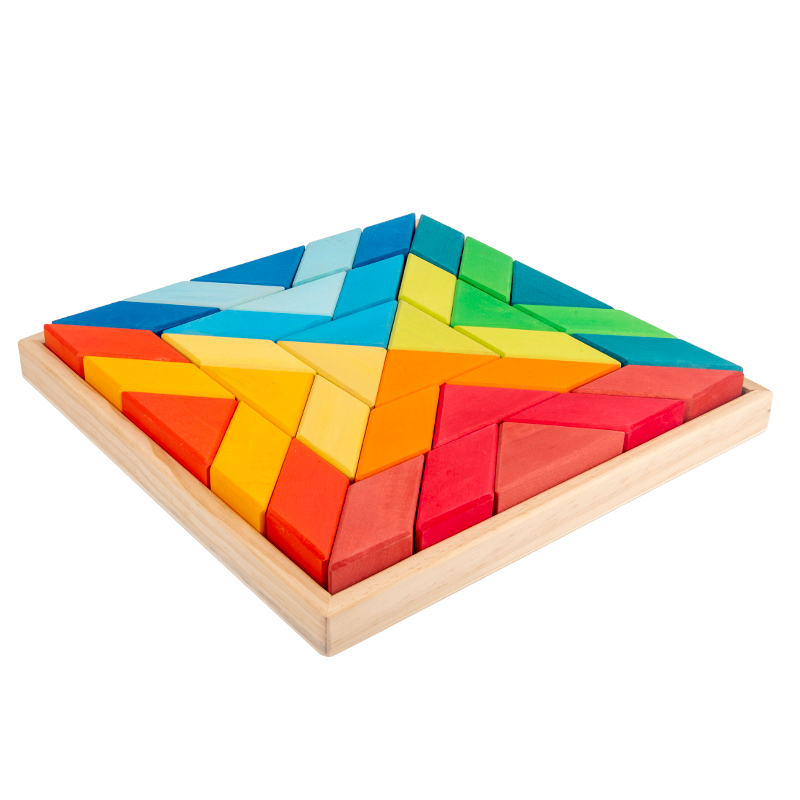 36-Piece Stained Large Rainbow Square Geometric Puzzle Block Set with Storage Tray