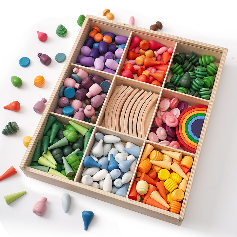 NEW 252-Piece Mandala Loose Parts Play Set with Mini Rainbow & Natural Wooden Blocks