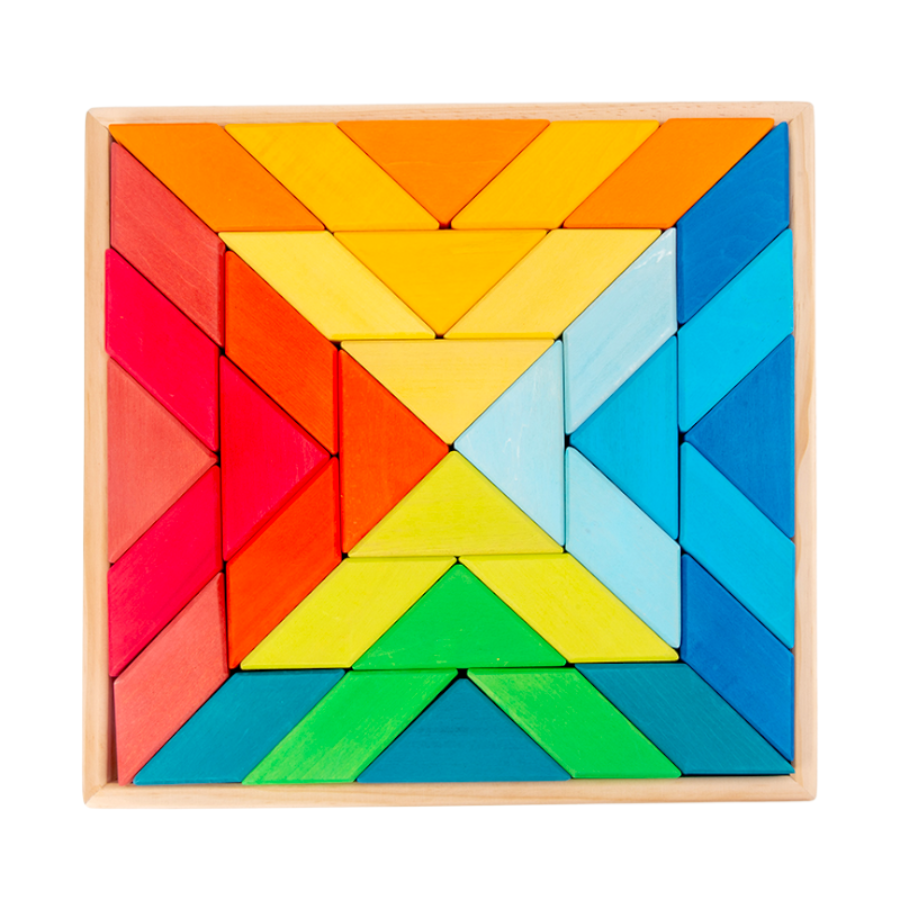 36-Piece Stained Large Rainbow Square Geometric Puzzle Block Set with Storage Tray