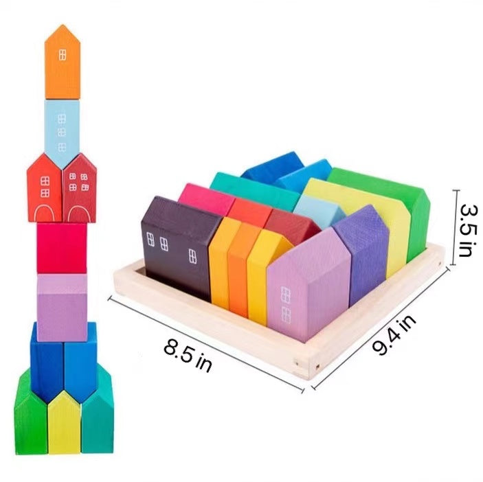 15-Piece Stained Little Village Wooden House Building Blocks Set