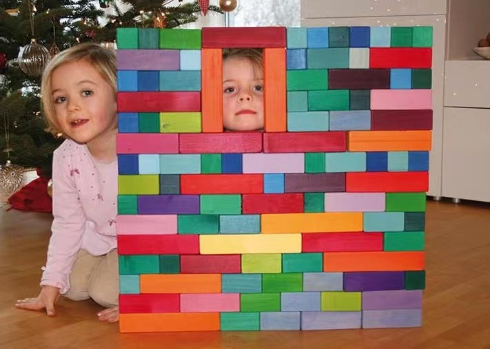 100 Pcs STAINED Large Stepped Pyramid Wooden Stacking Building Blocks