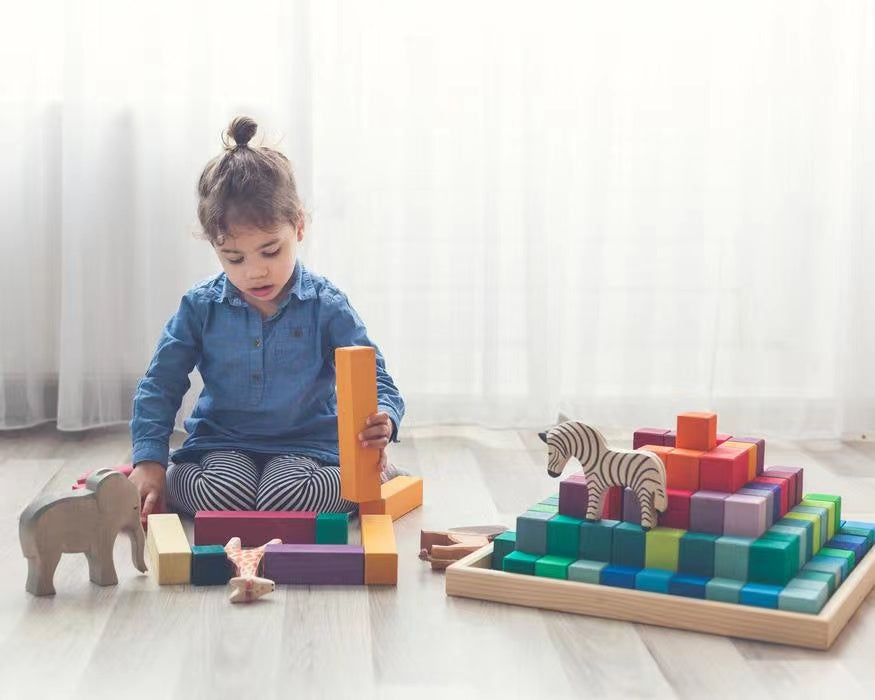 100 Pcs STAINED Large Stepped Pyramid Wooden Stacking Building Blocks