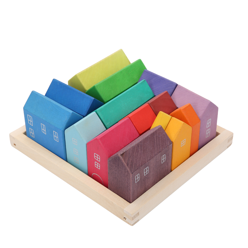 15-Piece Stained Little Village Wooden House Building Blocks Set