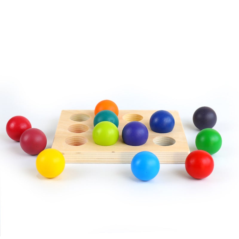 12 Pcs Rainbow Wooden Balls with Tray – Primary Colors (1.4” Diameter)