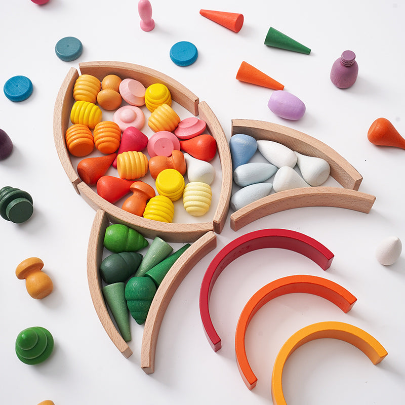 NEW 252-Piece Mandala Loose Parts Play Set with Mini Rainbow & Natural Wooden Blocks