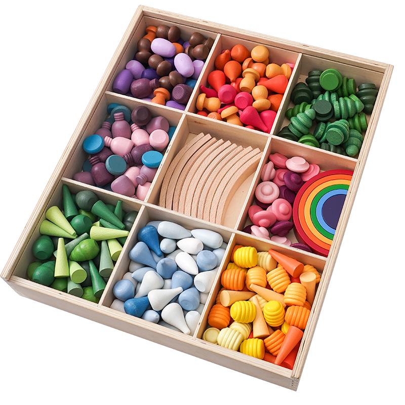 NEW 252-Piece Mandala Loose Parts Play Set with Mini Rainbow & Natural Wooden Blocks