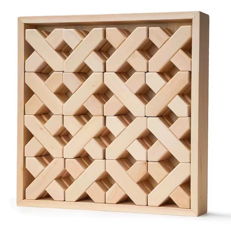 32-Piece Wooden X-Shape Building Blocks Set with Storage Tray