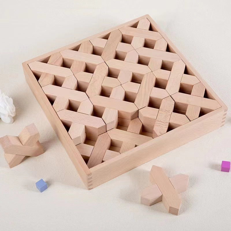 32-Piece Wooden X-Shape Building Blocks Set with Storage Tray