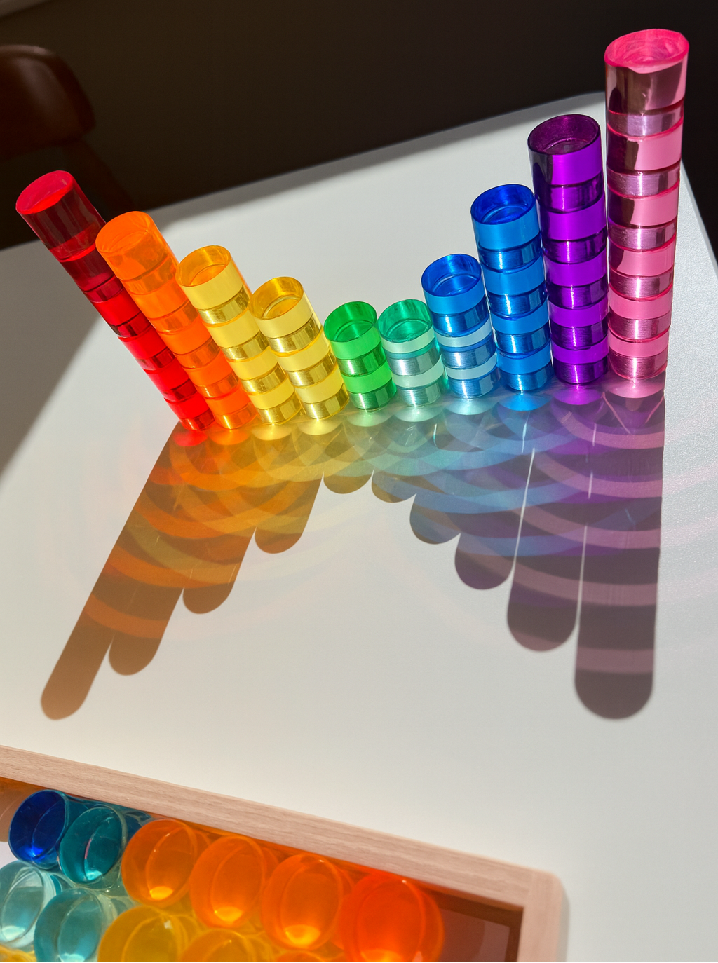 60 Pcs Crystal-Clear Acrylic Rainbow Cylinders with Wooden Tray