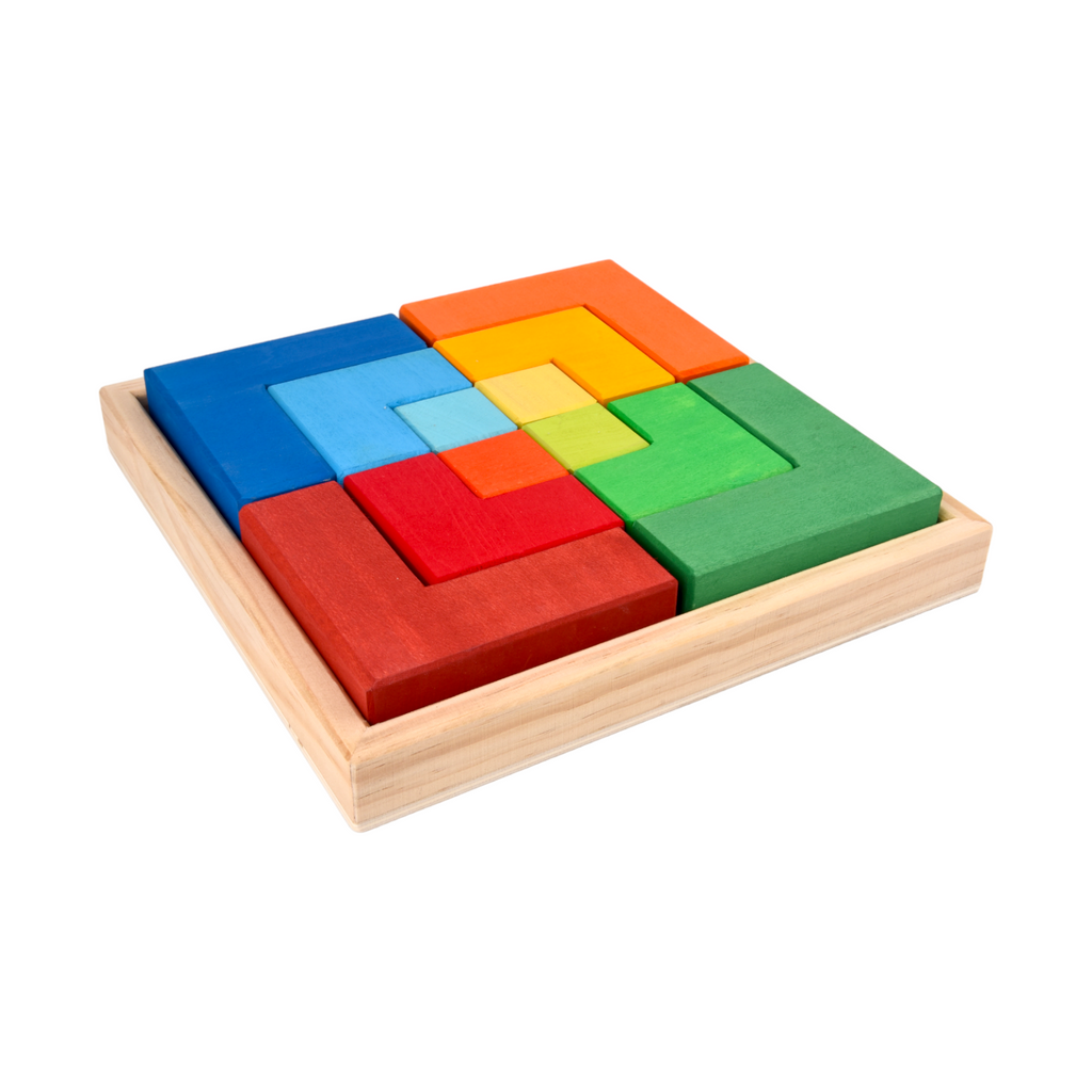 12-Piece Stained Large Rainbow Wooden Creative Puzzle Square with Storage Tray