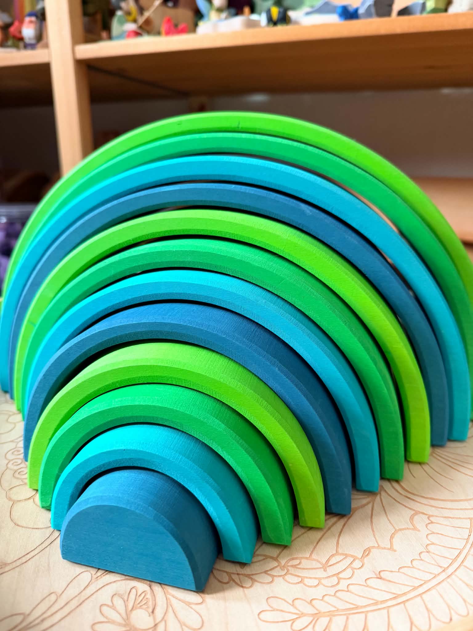 12-Piece Stained Large Basswood Rainbow Stacking Blocks – Meadow Green
