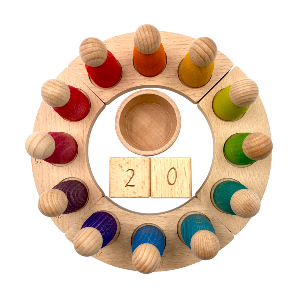 Wooden Perpetual Calendar with 12 Rainbow Peg Figures