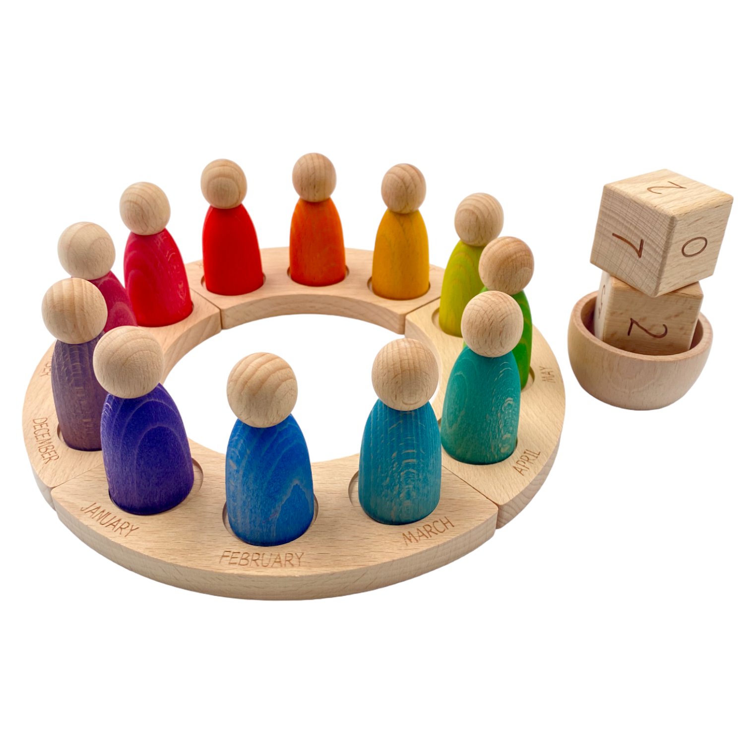 Wooden Perpetual Calendar with 12 Rainbow Peg Figures