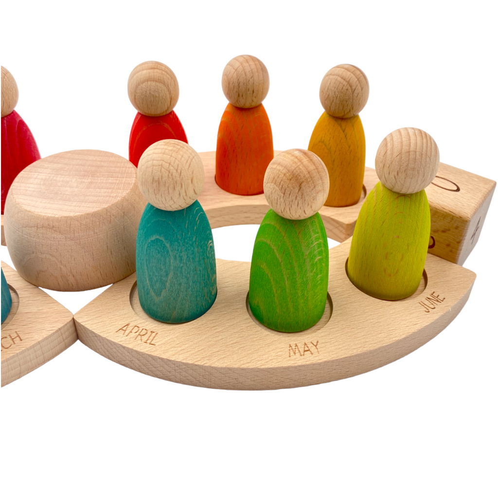 Wooden Perpetual Calendar with 12 Rainbow Peg Figures