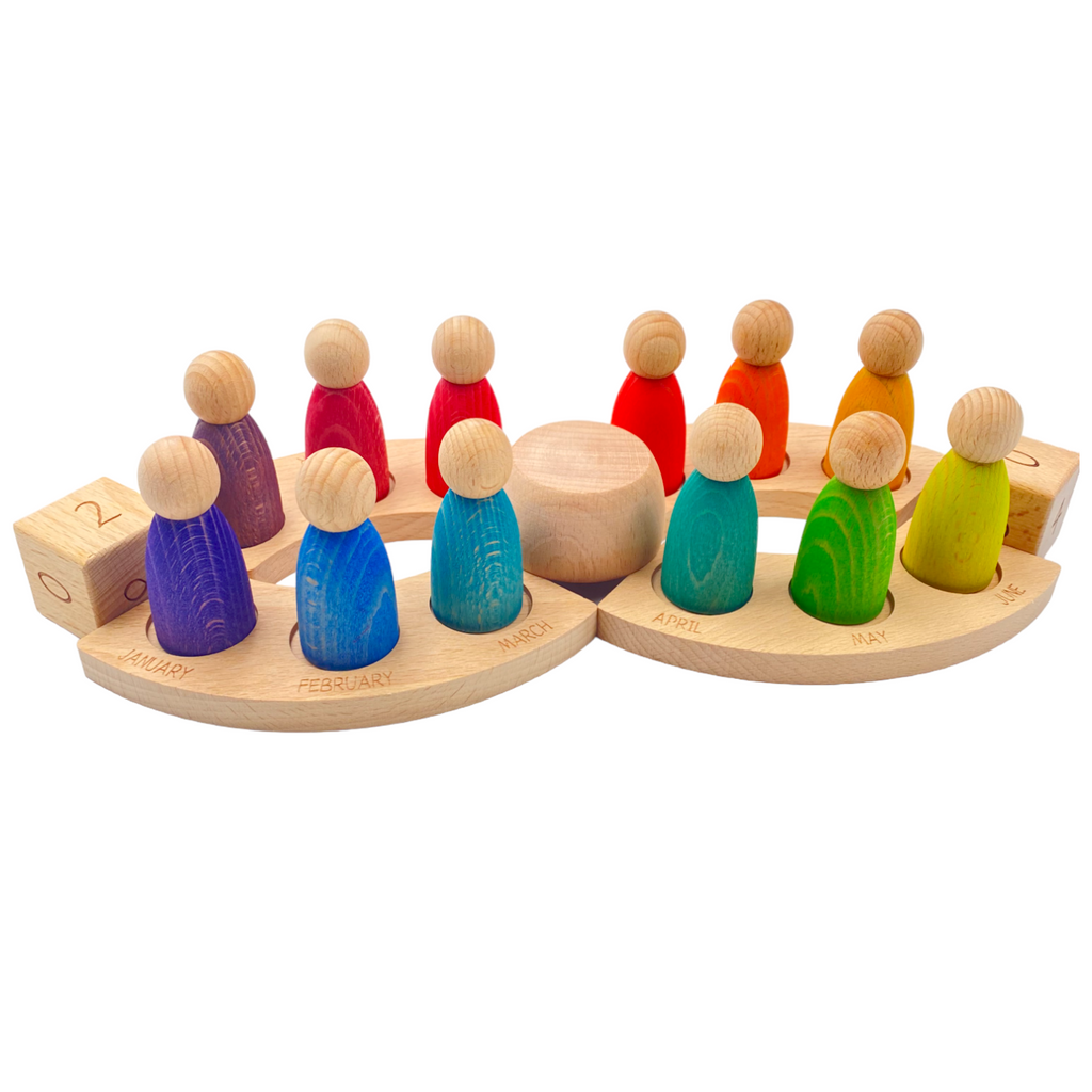 Wooden Perpetual Calendar with 12 Rainbow Peg Figures