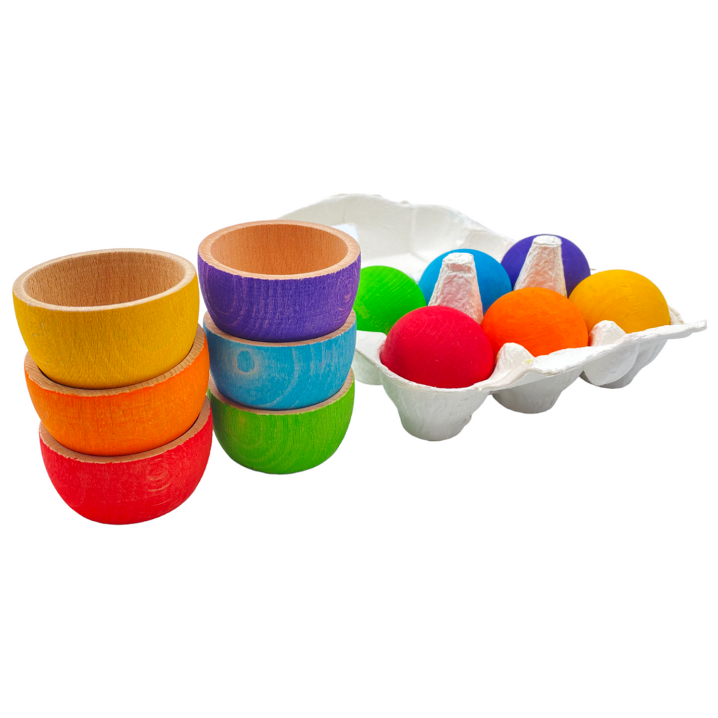 6-Piece Rainbow Wooden Bowls & Balls Set – Matching, Sorting & Open-Ended Play