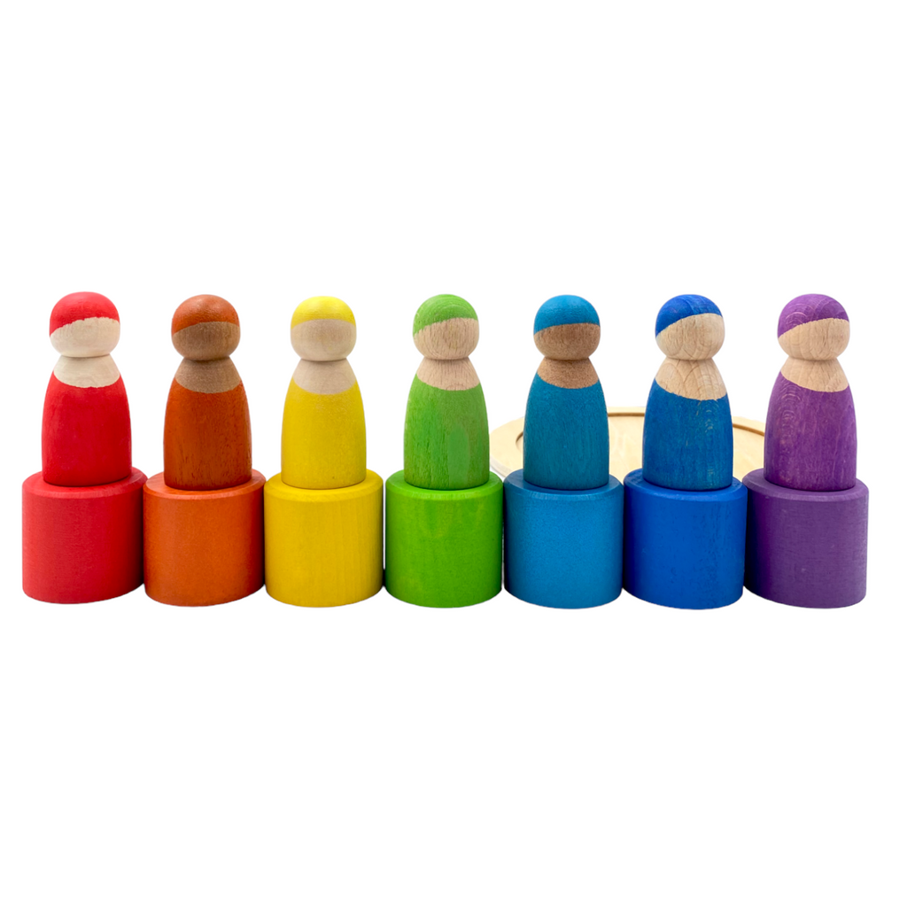 7-Piece “Skin Stones” Stained Rainbow Wooden Peg Dolls in Matching Bowls