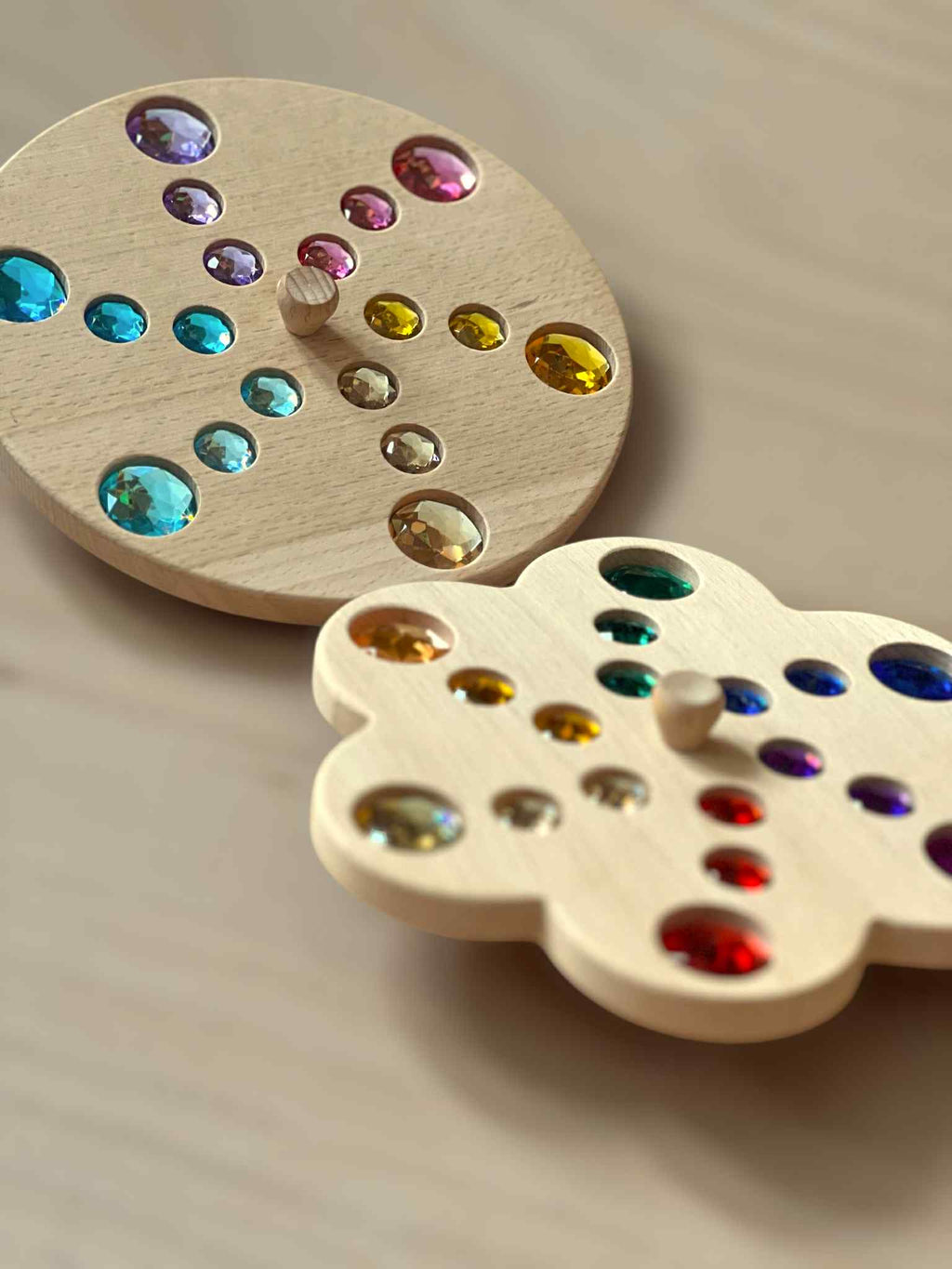 Wooden Gemstone Spinning Tops – Rainbow & Macaron Color (Flower & Round)