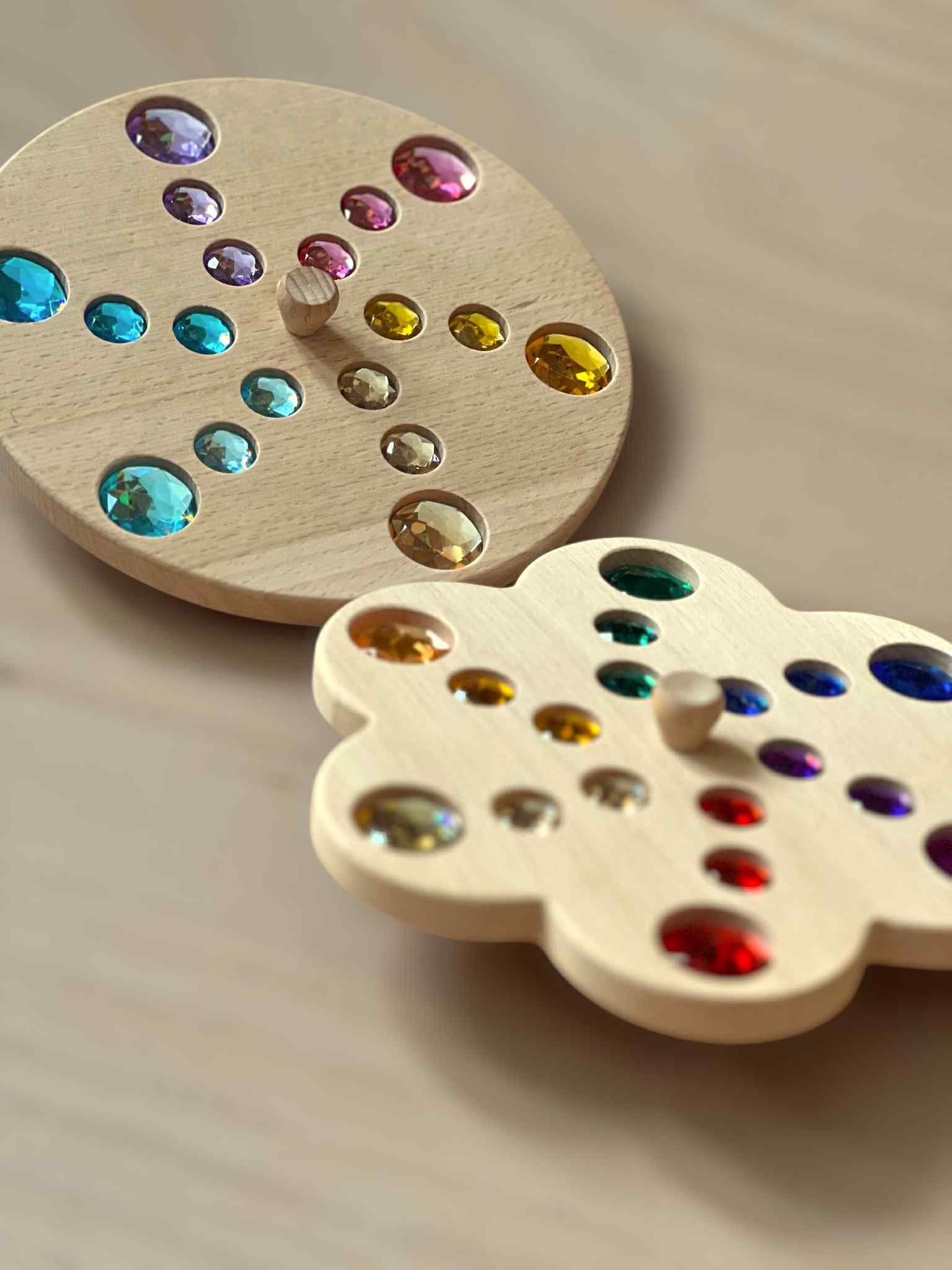 Wooden Gemstone Spinning Tops – Rainbow & Macaron Color (Flower & Round)