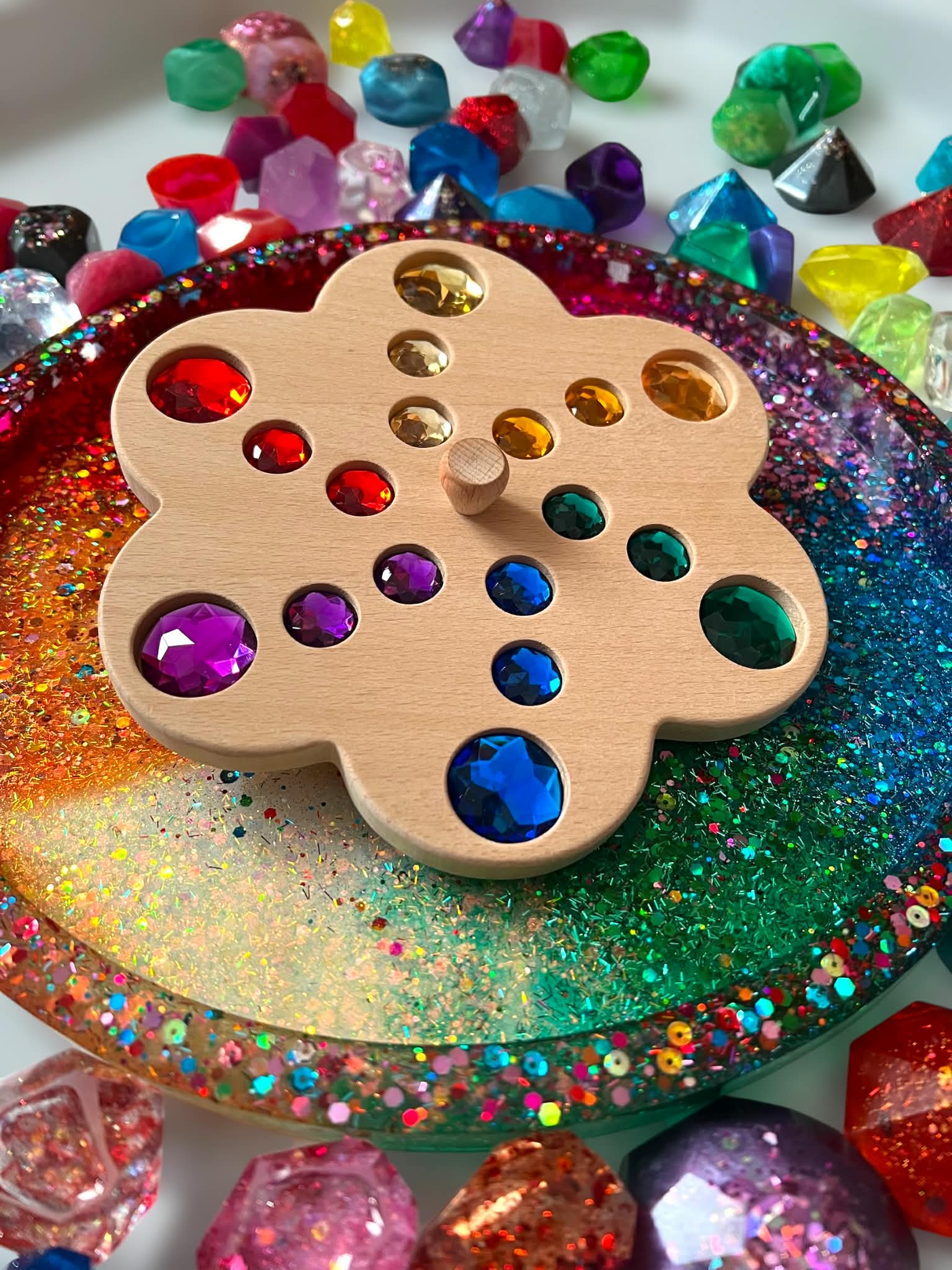 Wooden Gemstone Spinning Tops – Rainbow & Macaron Color (Flower & Round)