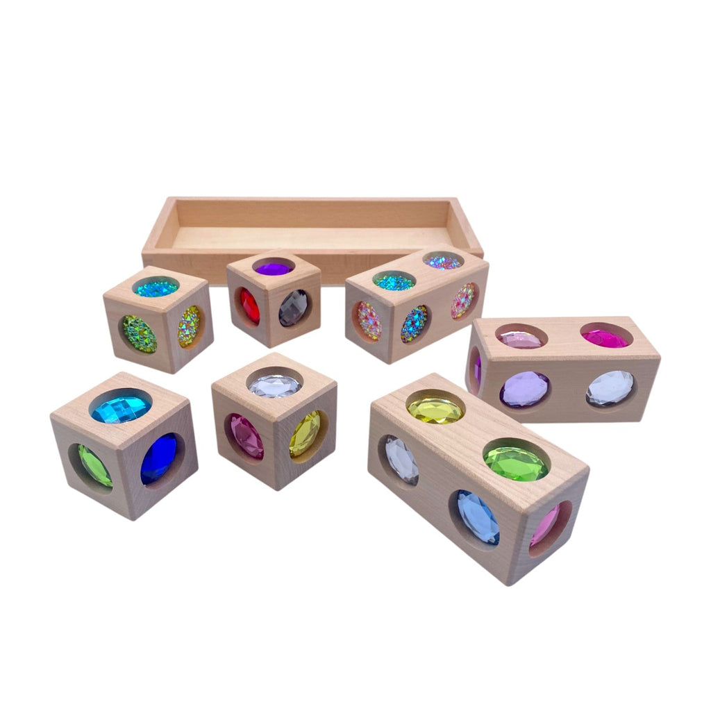 Pastel & Rainbow Gem Block Collection – 3 Styles with Wooden Storage Trays
