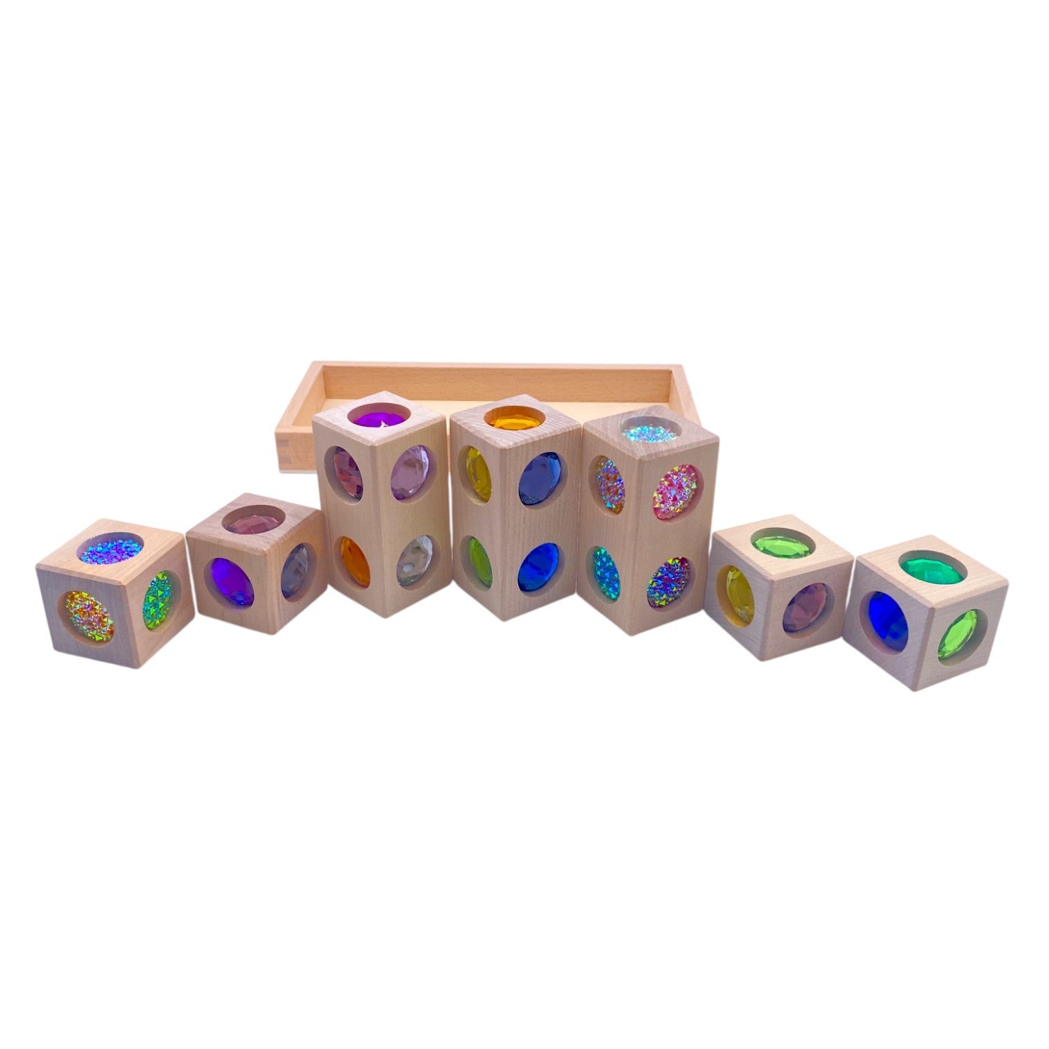 Pastel & Rainbow Gem Block Collection – 3 Styles with Wooden Storage Trays