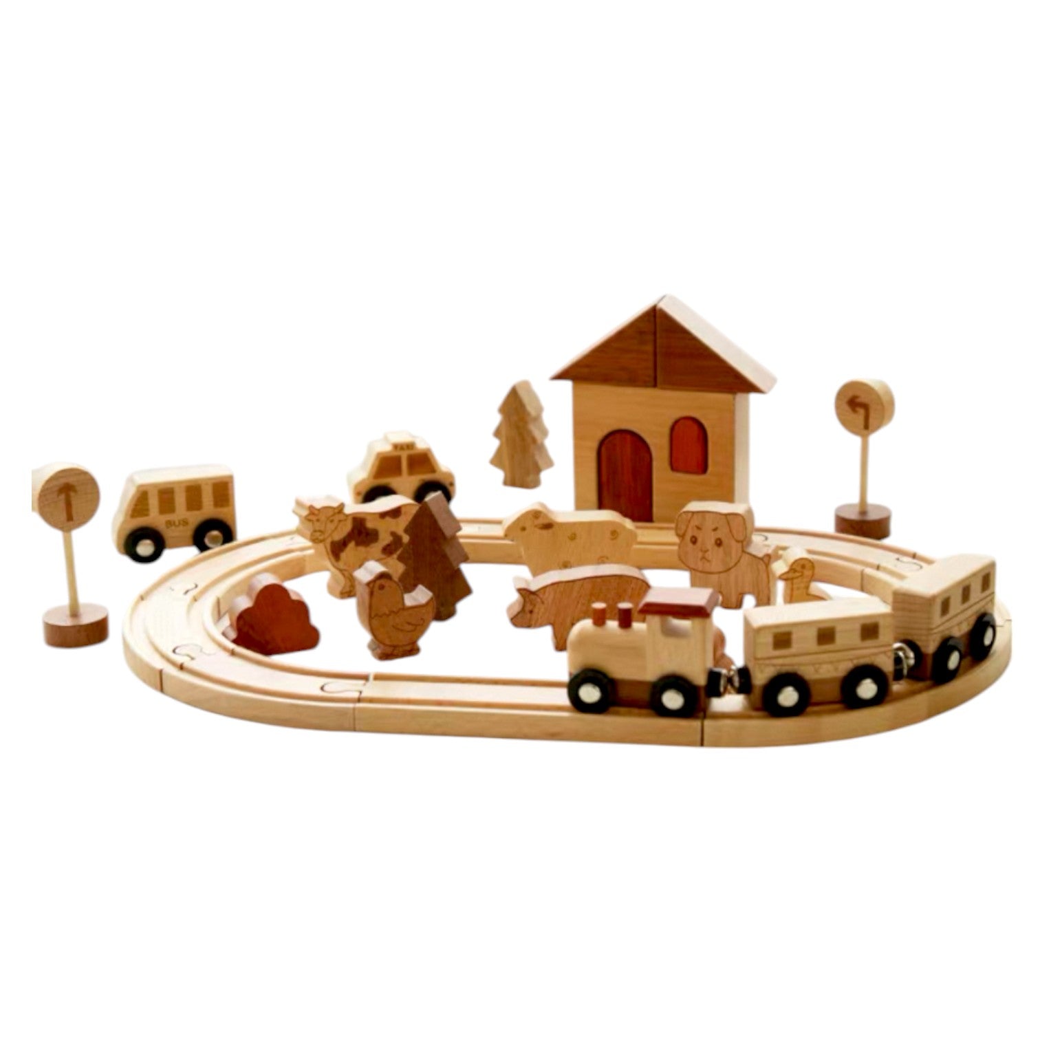 Wooden Farm Train Track Play Set – 32-Piece Natural Solid Wood Toy