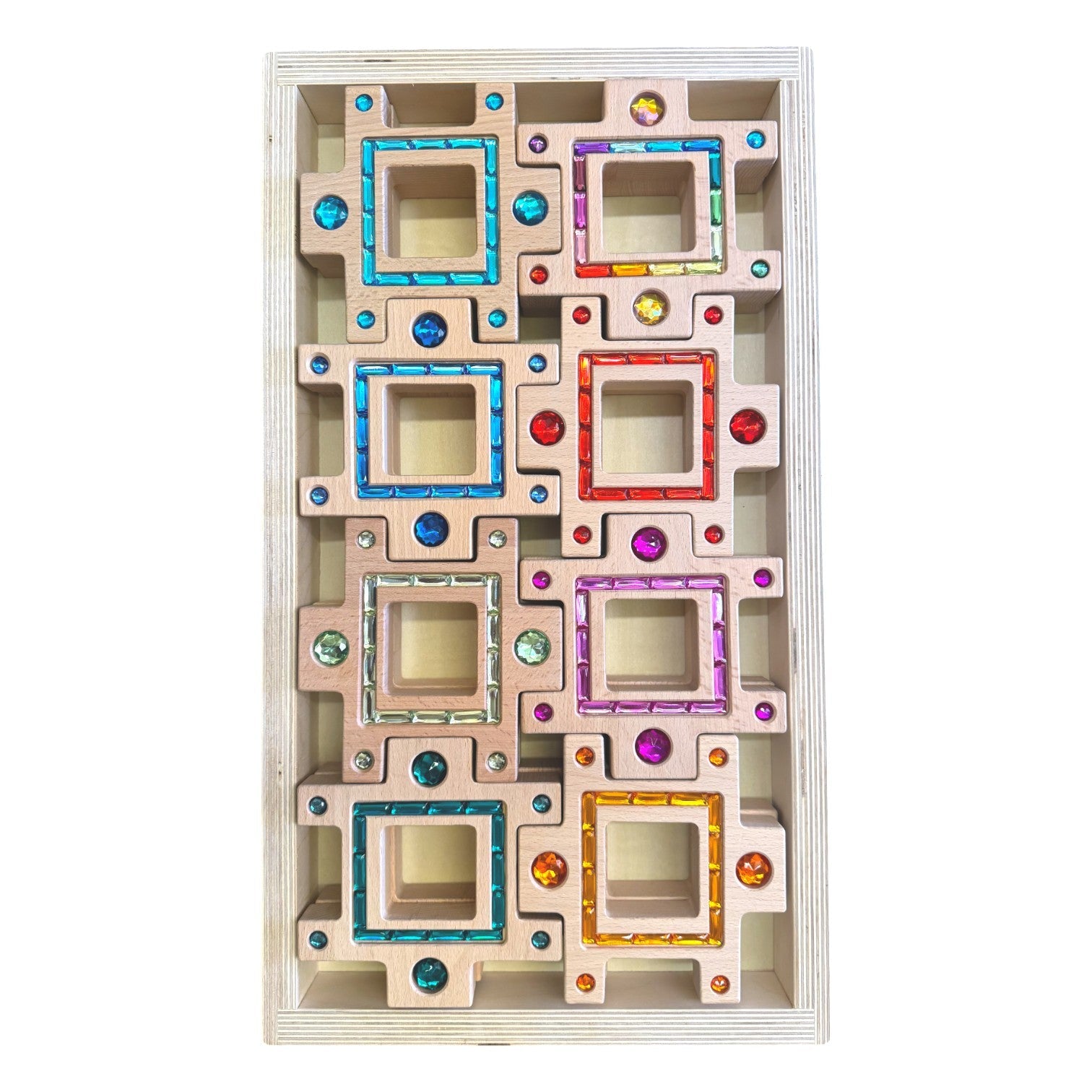 Wooden Gemlight Window Blocks – 16-Piece Colorful Open-Ended Play Set with Storage Box