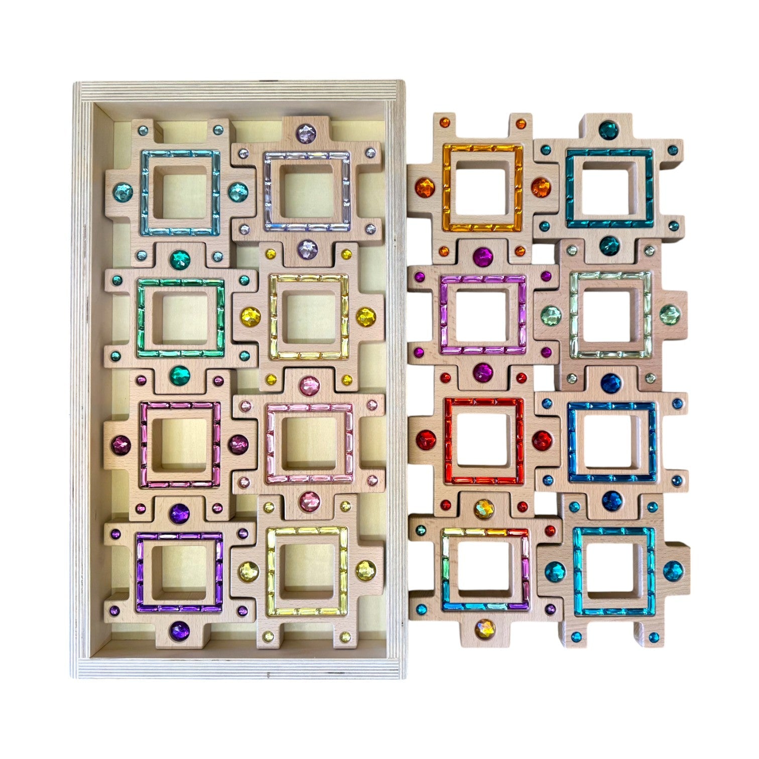 Wooden Gemlight Window Blocks – 16-Piece Colorful Open-Ended Play Set with Storage Box