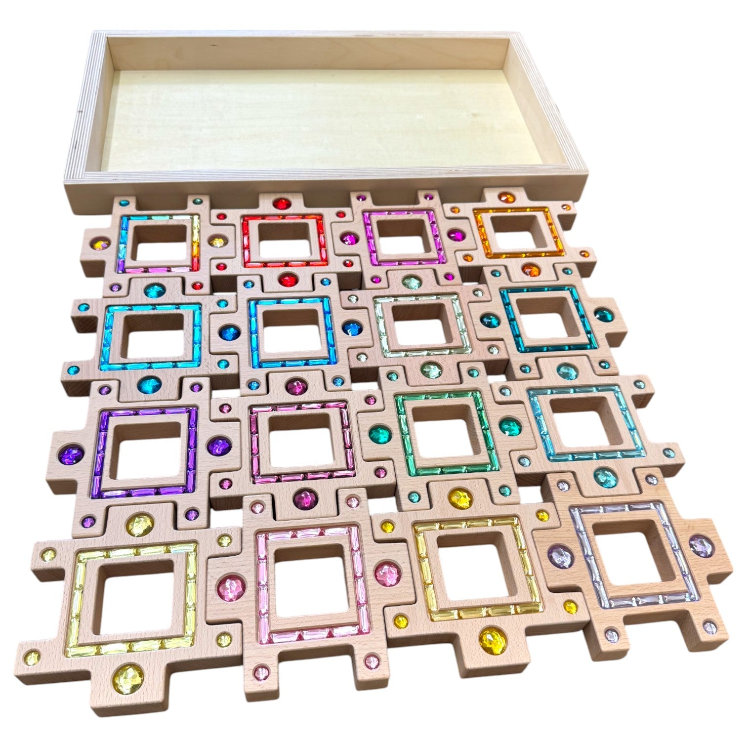 Wooden Gemlight Window Blocks – 16-Piece Colorful Open-Ended Play Set with Storage Box