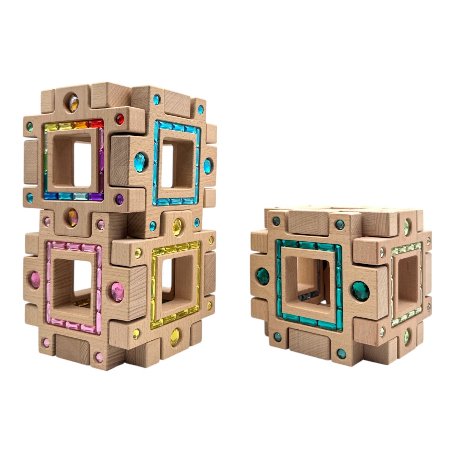 Wooden Gemlight Window Blocks – 16-Piece Colorful Open-Ended Play Set with Storage Box