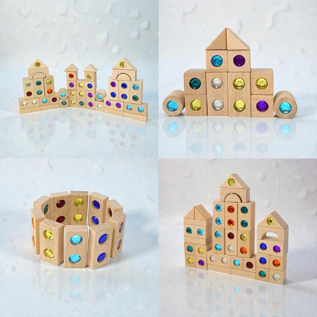 128 Piece Solid Beech Wood Gemstone Building Block Set with Wooden Storage Box and Lid Open Ended Construction
