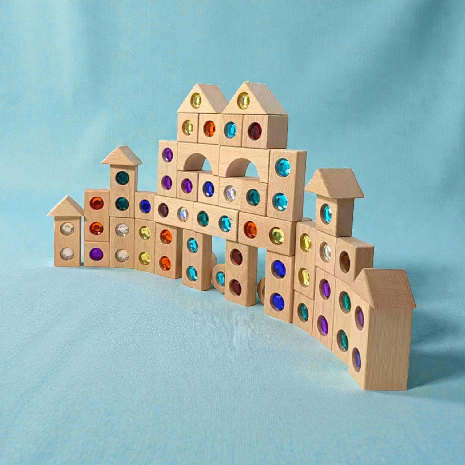128 Piece Solid Beech Wood Gemstone Building Block Set with Wooden Storage Box and Lid Open Ended Construction