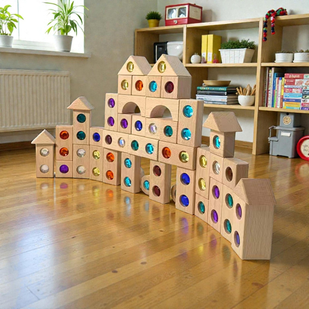 128 Piece Solid Beech Wood Gemstone Building Block Set with Wooden Storage Box and Lid Open Ended Construction