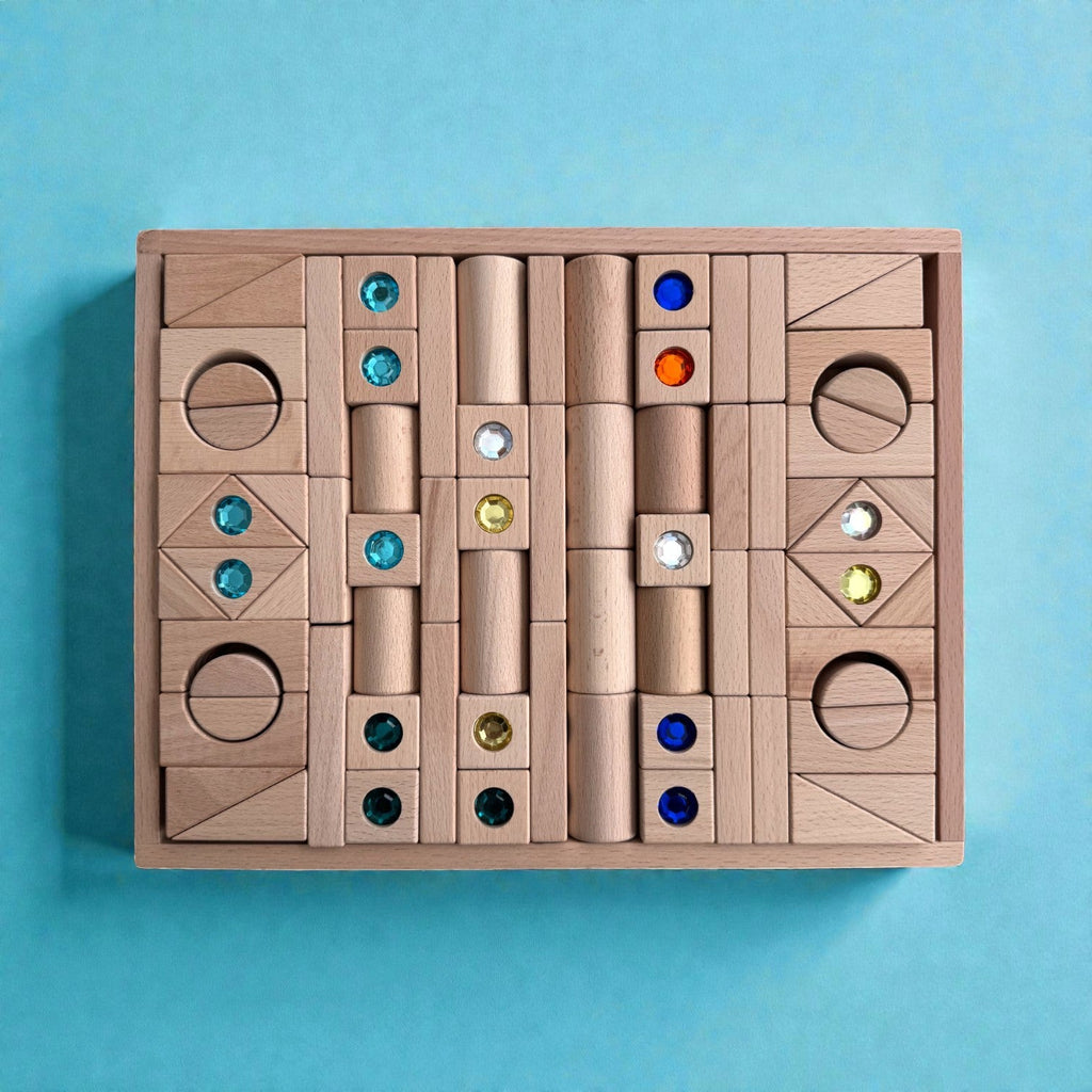 128 Piece Solid Beech Wood Gemstone Building Block Set with Wooden Storage Box and Lid Open Ended Construction