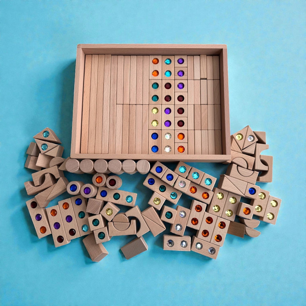 128 Piece Solid Beech Wood Gemstone Building Block Set with Wooden Storage Box and Lid Open Ended Construction