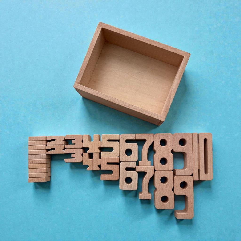 27 Piece Small Wooden Math Number Block Set with Storage Box