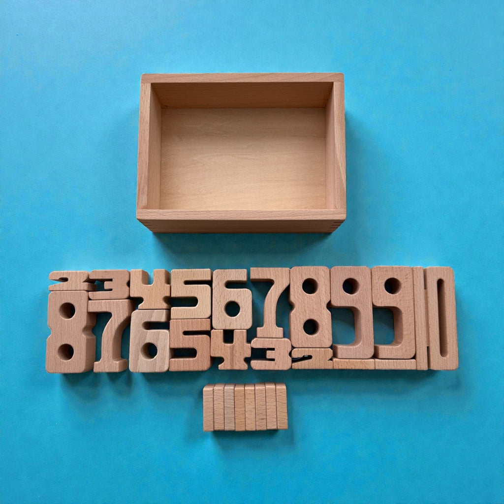 27 Piece Small Wooden Math Number Block Set with Storage Box