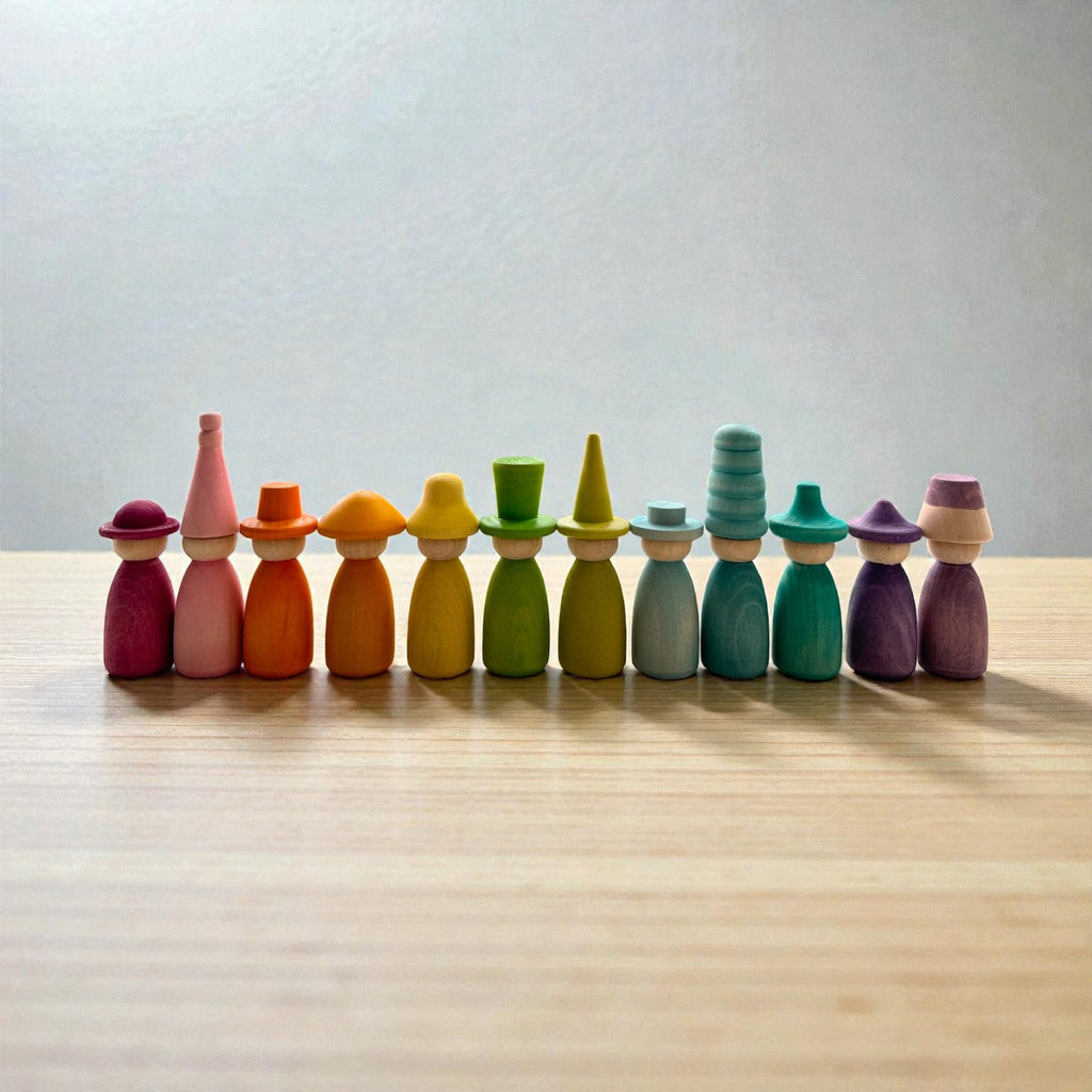 12 Piece Pastel Macaron Wooden Peg Dolls with Interchangeable Hats Open Ended Play Figures