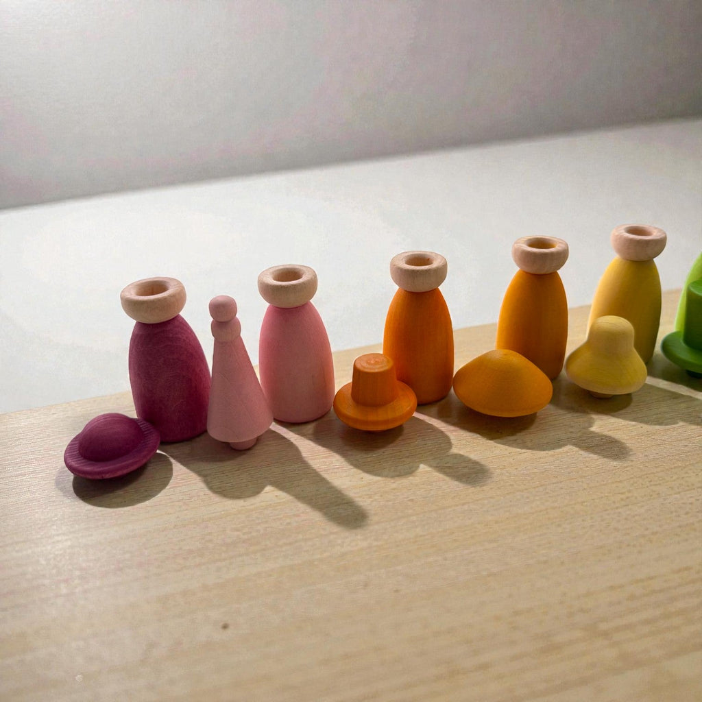 12 Piece Pastel Macaron Wooden Peg Dolls with Interchangeable Hats Open Ended Play Figures