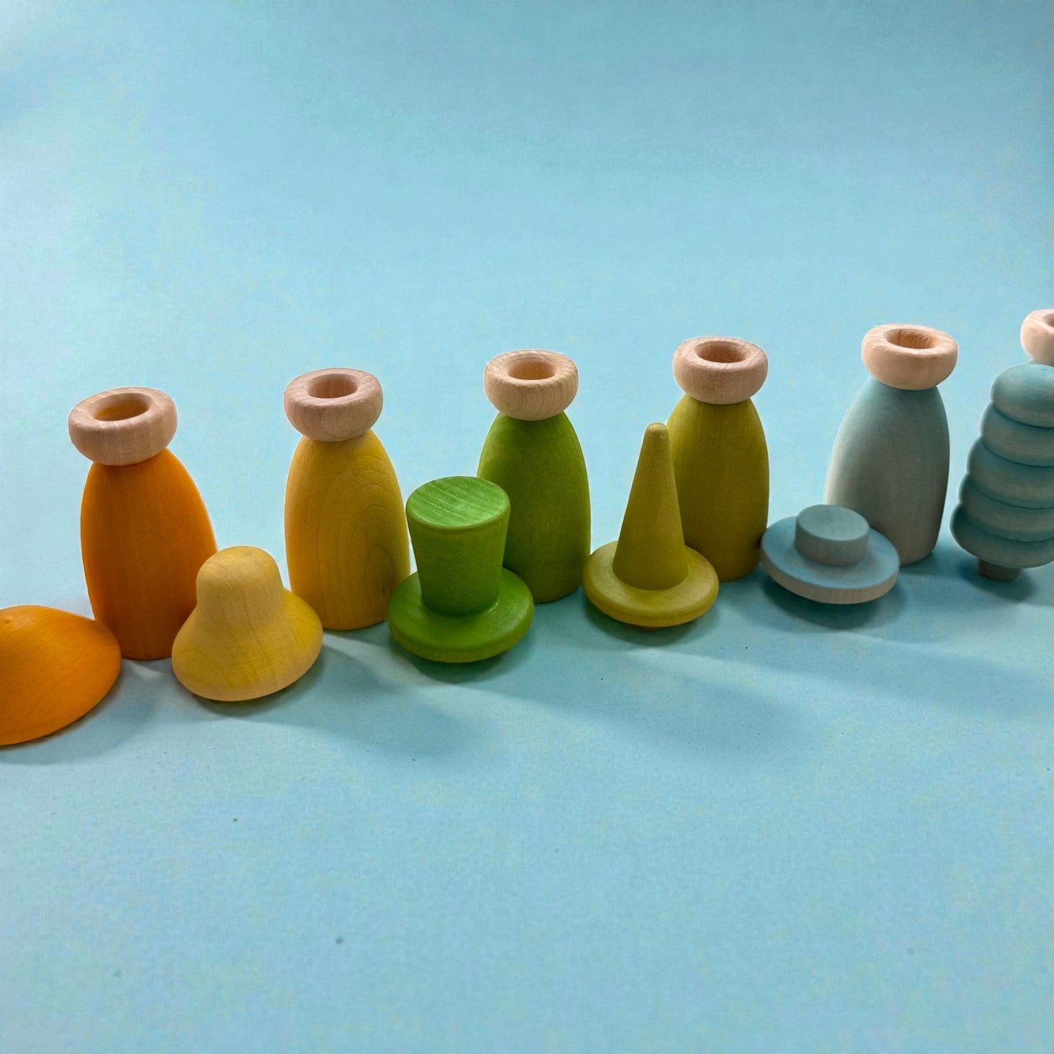 12 Piece Pastel Macaron Wooden Peg Dolls with Interchangeable Hats Open Ended Play Figures