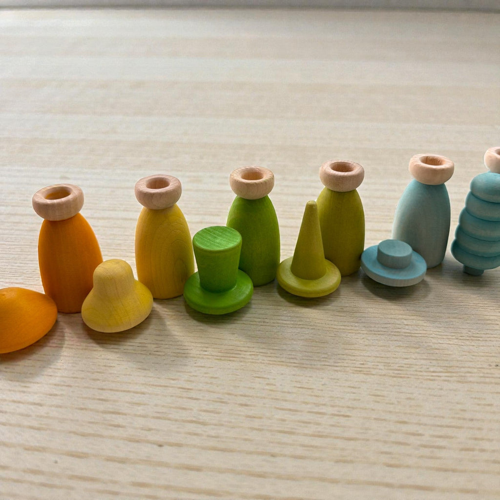 12 Piece Pastel Macaron Wooden Peg Dolls with Interchangeable Hats Open Ended Play Figures