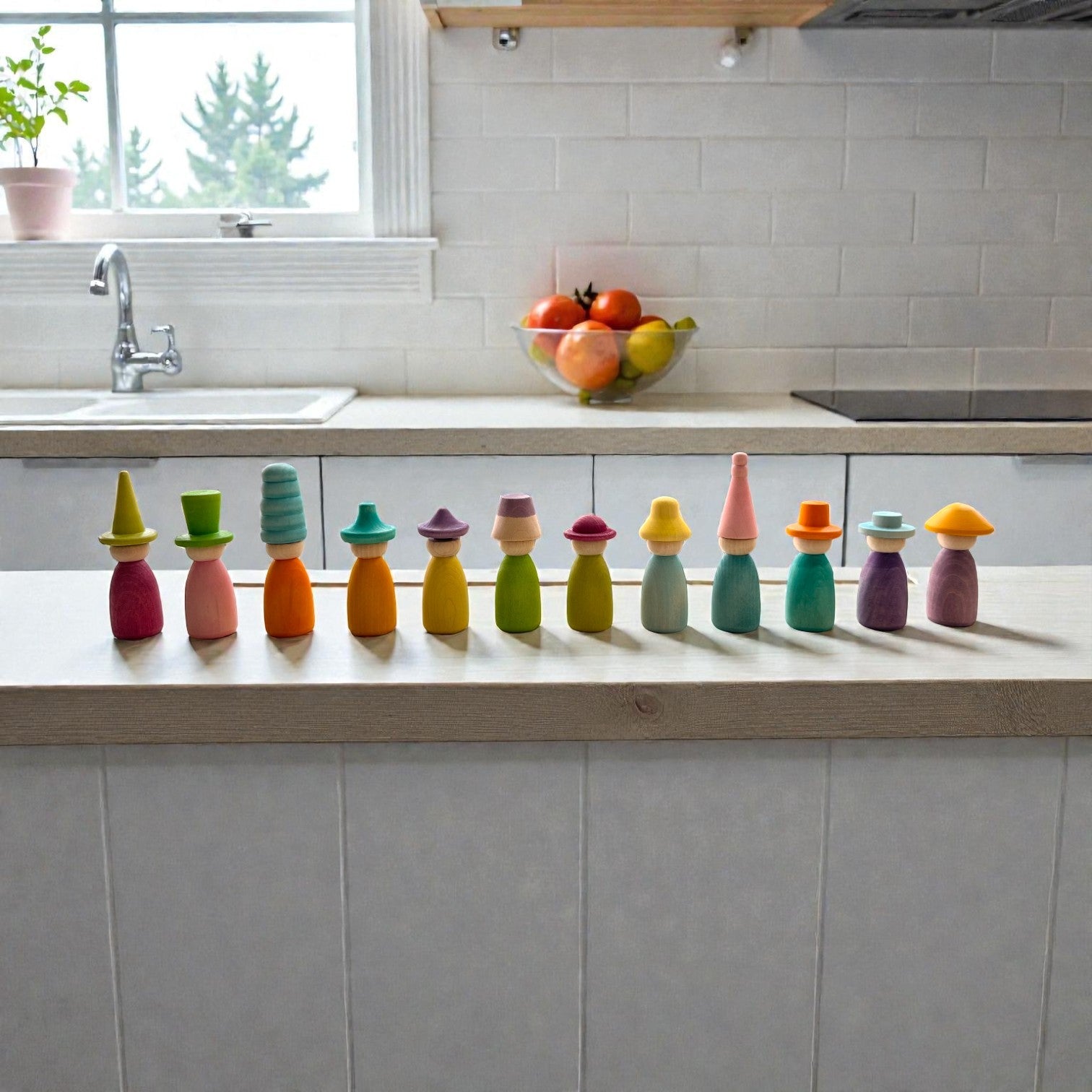 12 Piece Pastel Macaron Wooden Peg Dolls with Interchangeable Hats Open Ended Play Figures