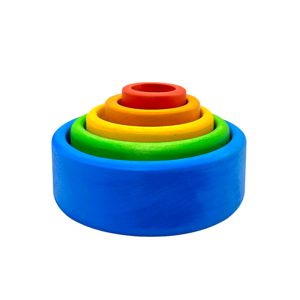 5-Piece Stained Wooden Stacking & Nesting Bowl Set – Blue Sunset