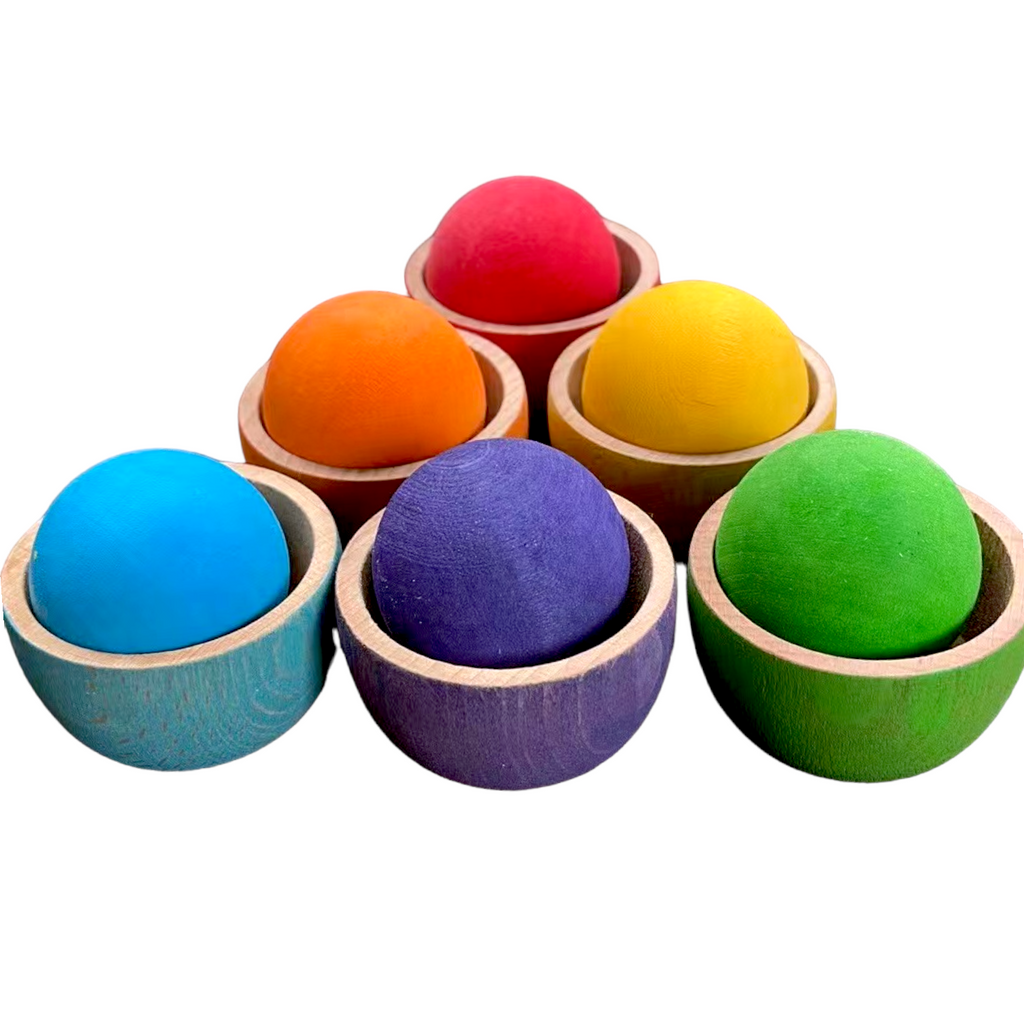 6-Piece Rainbow Wooden Bowls & Balls Set – Matching, Sorting & Open-Ended Play