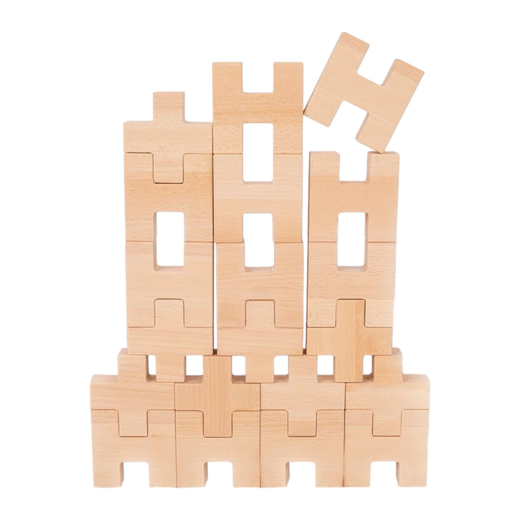 20-Piece Wooden “H” and “+” Shape Block Set with Storage Tray