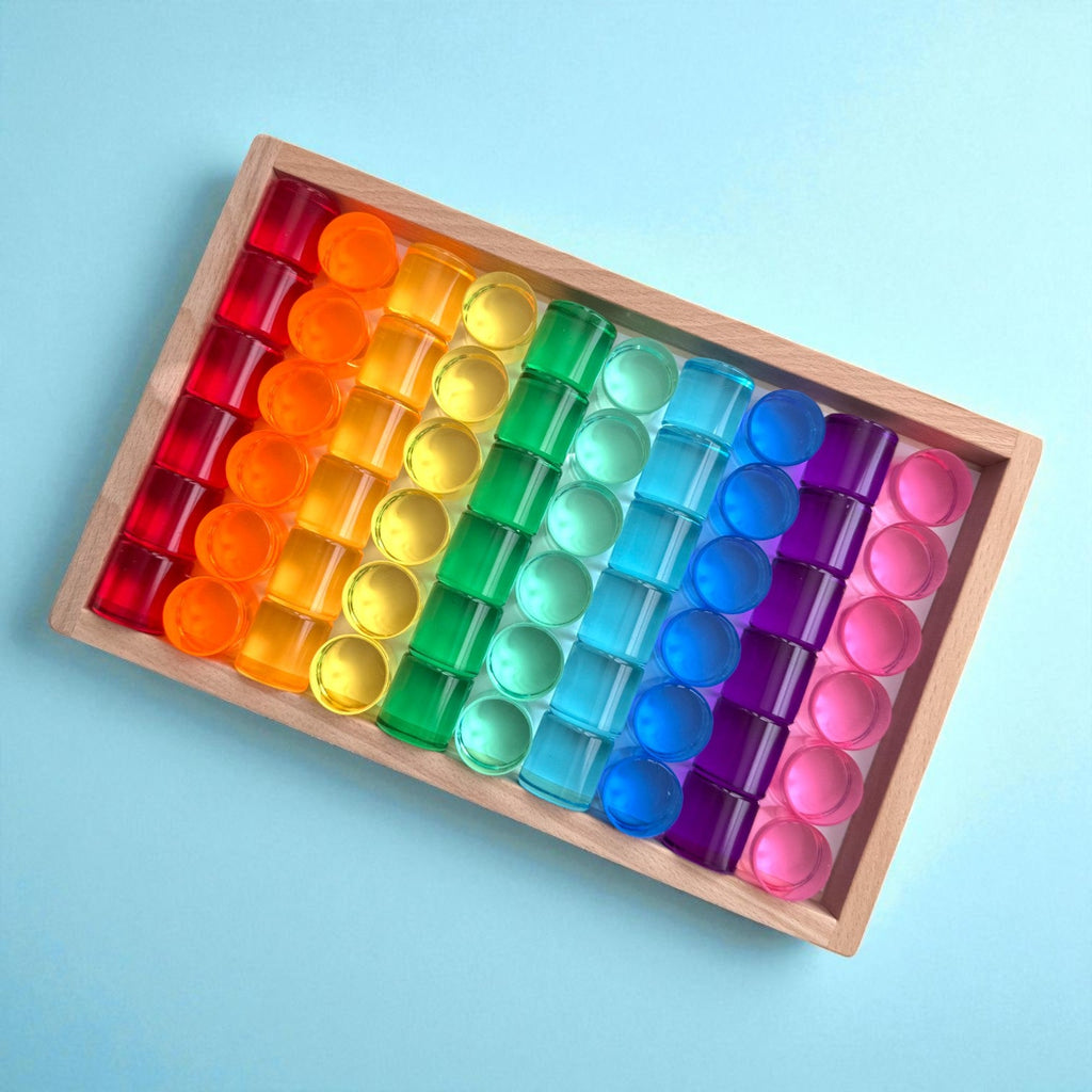 60 Pcs Crystal-Clear Acrylic Rainbow Cylinders with Wooden Tray