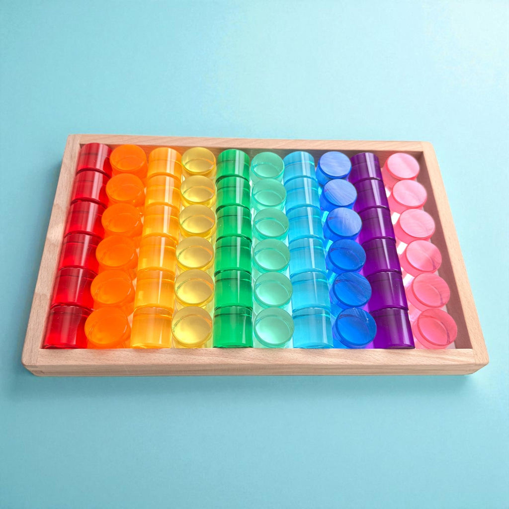 60 Pcs Crystal-Clear Acrylic Rainbow Cylinders with Wooden Tray